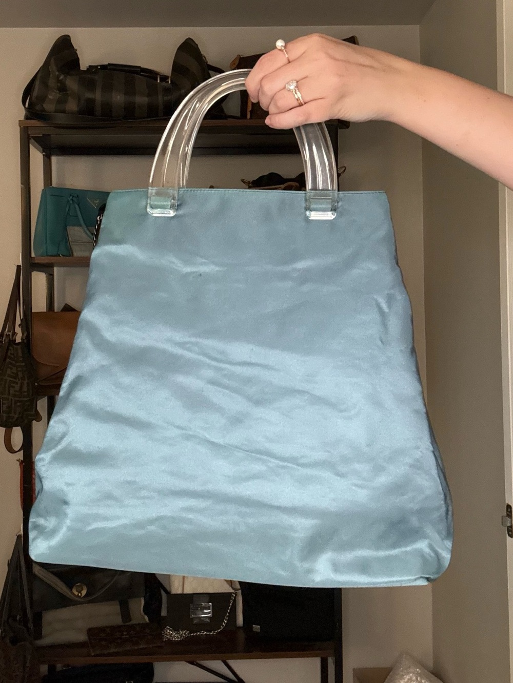 Prada Light Blue Nylon Tote with Clear Acrylic Handles - Picture 10 of 11